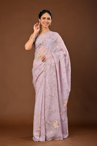 Onion Saree in Crush tissue featuring Cutdana with Multi Self Sequins Jaal