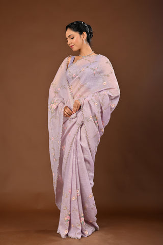 Onion Saree in Crush tissue featuring Cutdana with Multi Self Sequins Jaal