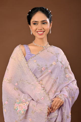 Onion Saree in Crush tissue featuring Cutdana with Multi Self Sequins Jaal