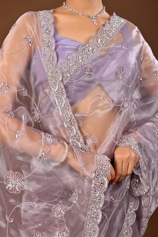 Designer Light Greyish Tissue Saree adorned with Cutdana and Sequins with Full Heacy