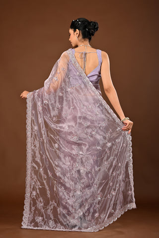 Designer Light Greyish Tissue Saree adorned with Cutdana and Sequins with Full Heacy