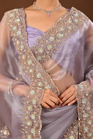 Light Greyish Tissue Saree with Heavy Salma Outline with Mirror, Cutdana