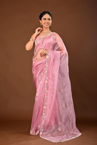Onion Pink Saree crafted in Tissue with Multi Sequins with Cutdana and Pearl