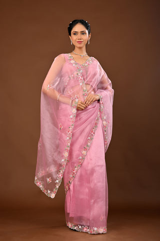 Onion Pink Saree crafted in Tissue with Multi Sequins with Cutdana and Pearl