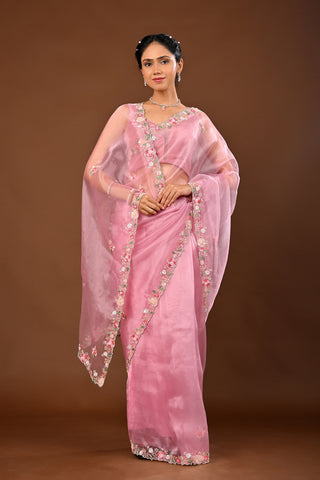 Onion Pink Saree crafted in Tissue with Multi Sequins with Cutdana and Pearl