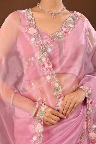 Onion Pink Saree crafted in Tissue with Multi Sequins with Cutdana and Pearl