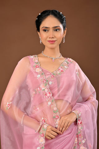 Onion Pink Saree crafted in Tissue with Multi Sequins with Cutdana and Pearl