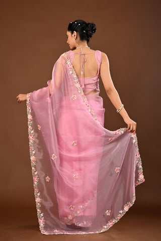 Onion Pink Saree crafted in Tissue with Multi Sequins with Cutdana and Pearl