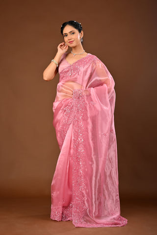 Onion Pink Saree in Tissue featuring Self Colored Sequins with Cutdana and