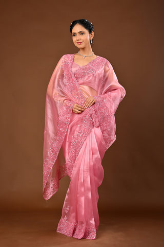 Onion Pink Saree in Tissue featuring Self Colored Sequins with Cutdana and