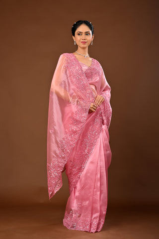 Onion Pink Saree in Tissue featuring Self Colored Sequins with Cutdana and