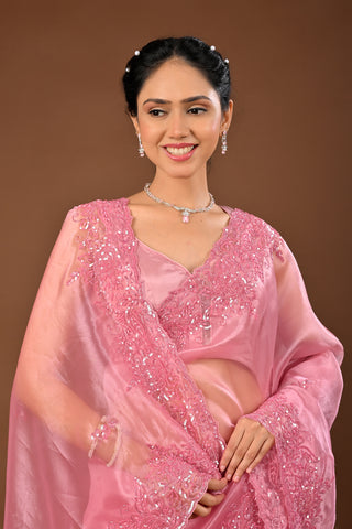 Onion Pink Saree in Tissue featuring Self Colored Sequins with Cutdana and
