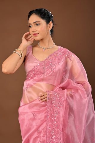 Onion Pink Saree in Tissue featuring Self Colored Sequins with Cutdana and
