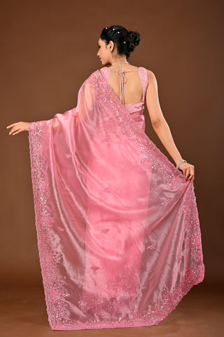 Onion Pink Saree in Tissue featuring Self Colored Sequins with Cutdana and