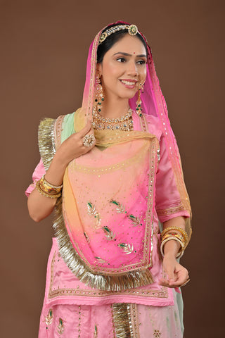 Multi Shaded Odhna Traditional Rajputi Poshak in Pure Georgette with Kundan Gota Patti Work