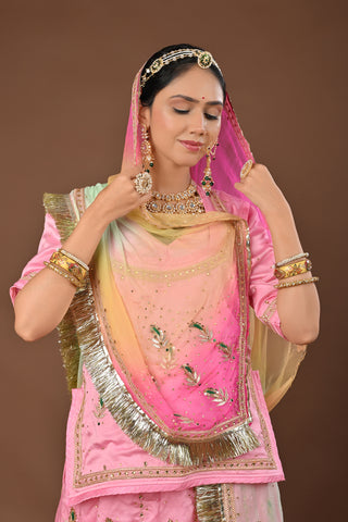 Multi Shaded Odhna Traditional Rajputi Poshak in Pure Georgette with Kundan Gota Patti Work