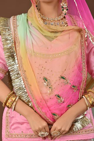 Multi Shaded Odhna Traditional Rajputi Poshak in Pure Georgette with Kundan Gota Patti Work
