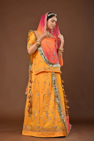 Multi Shaded Odhna Traditional Rajputi Poshak in Pure Georgette with Zardozi and Kundan Work