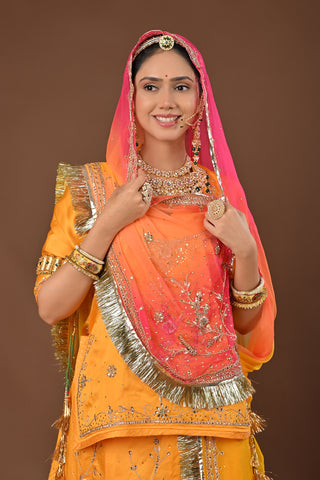 Multi Shaded Odhna Traditional Rajputi Poshak in Pure Georgette with Zardozi and Kundan Work