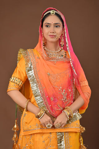 Multi Shaded Odhna Traditional Rajputi Poshak in Pure Georgette with Zardozi and Kundan Work