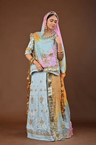 Multi Shaded Odhna Rajputi Poshak with Zardozi and tiki in Pure Georgette