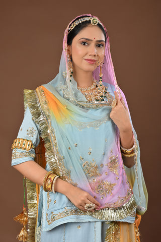 Multi Shaded Odhna Rajputi Poshak with Zardozi and tiki in Pure Georgette