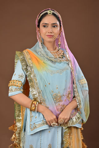 Multi Shaded Odhna Rajputi Poshak with Zardozi and tiki in Pure Georgette