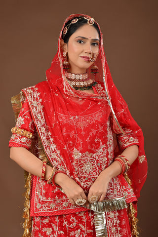 Red Rajputi Poshak with Zardozi in Pure Georgette