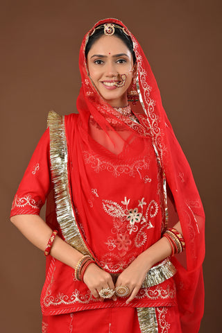 Red Traditional Rajputi Poshak in Faux Georgette with Aari Pittan with kasab Work