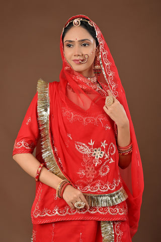 Red Traditional Rajputi Poshak in Faux Georgette with Aari Pittan with kasab Work