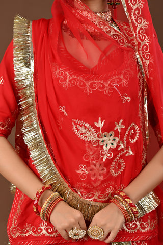 Red Traditional Rajputi Poshak in Faux Georgette with Aari Pittan with kasab Work
