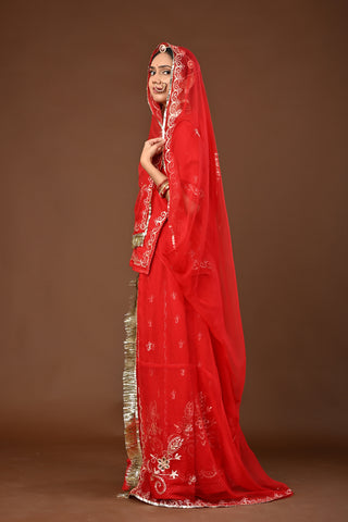 Red Traditional Rajputi Poshak in Faux Georgette with Aari Pittan with kasab Work