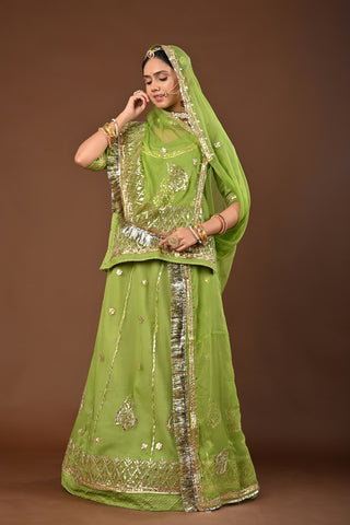 Elichi Green Pure Georgette Rajputi Poshak featuring Gota Patti with tiki Embroidery