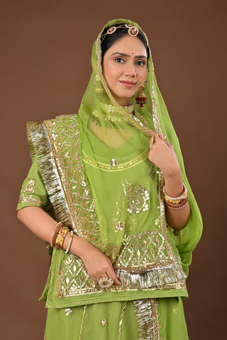 Elichi Green Pure Georgette Rajputi Poshak featuring Gota Patti with tiki Embroidery