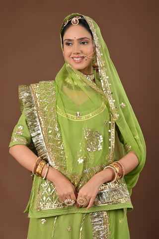 Elichi Green Pure Georgette Rajputi Poshak featuring Gota Patti with tiki Embroidery