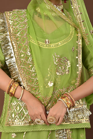 Elichi Green Pure Georgette Rajputi Poshak featuring Gota Patti with tiki Embroidery