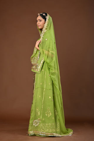 Elichi Green Pure Georgette Rajputi Poshak featuring Gota Patti with tiki Embroidery