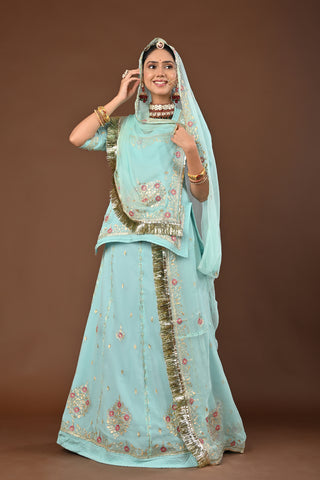 Light Sea Green Rajputi Poshak with Jamdani Aari Pittan in Pure Georgette