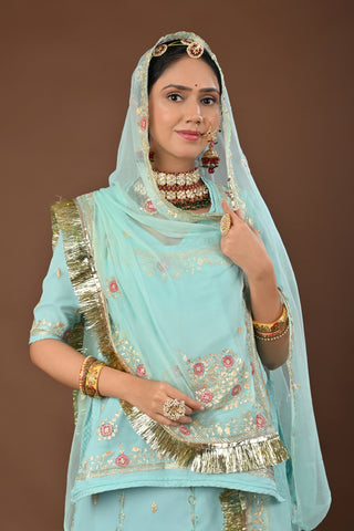 Light Sea Green Rajputi Poshak with Jamdani Aari Pittan in Pure Georgette