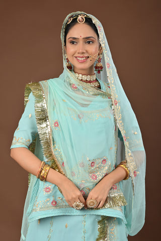Light Sea Green Rajputi Poshak with Jamdani Aari Pittan in Pure Georgette