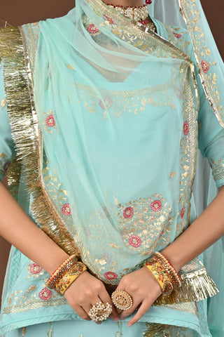 Light Sea Green Rajputi Poshak with Jamdani Aari Pittan in Pure Georgette