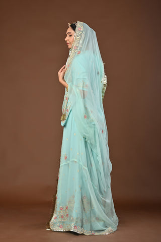 Light Sea Green Rajputi Poshak with Jamdani Aari Pittan in Pure Georgette