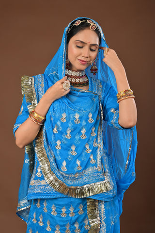 Firozi Rajputi Poshak with Aari Pittan with kasab in Faux Georgette