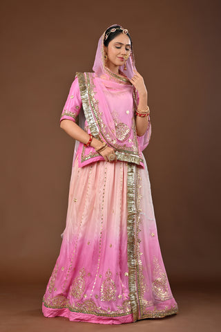 Peach Pink Shaded Traditional Rajputi Poshak in Pure Georgette with Gota Patti with tiki Work