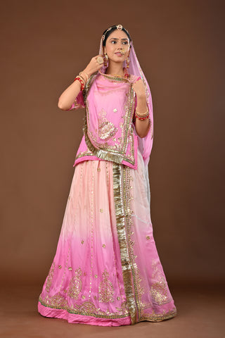 Peach Pink Shaded Traditional Rajputi Poshak in Pure Georgette with Gota Patti with tiki Work