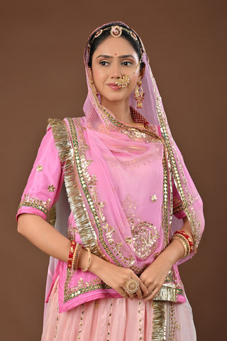 Peach Pink Shaded Traditional Rajputi Poshak in Pure Georgette with Gota Patti with tiki Work