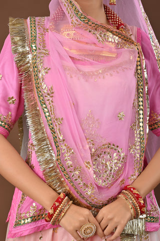 Peach Pink Shaded Traditional Rajputi Poshak in Pure Georgette with Gota Patti with tiki Work