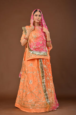 Multi Shaded Odhna Traditional Rajputi Poshak in Pure Georgette with Charkhi Gota with tiki Work