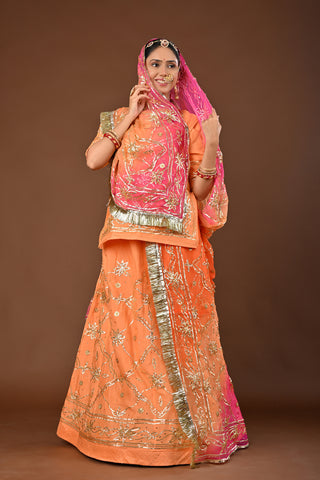 Multi Shaded Odhna Traditional Rajputi Poshak in Pure Georgette with Charkhi Gota with tiki Work