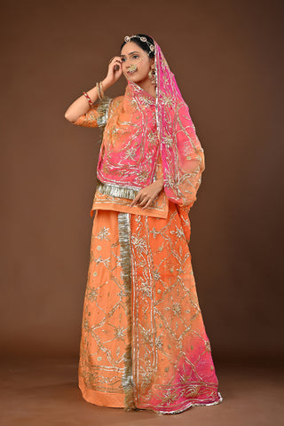 Multi Shaded Odhna Traditional Rajputi Poshak in Pure Georgette with Charkhi Gota with tiki Work